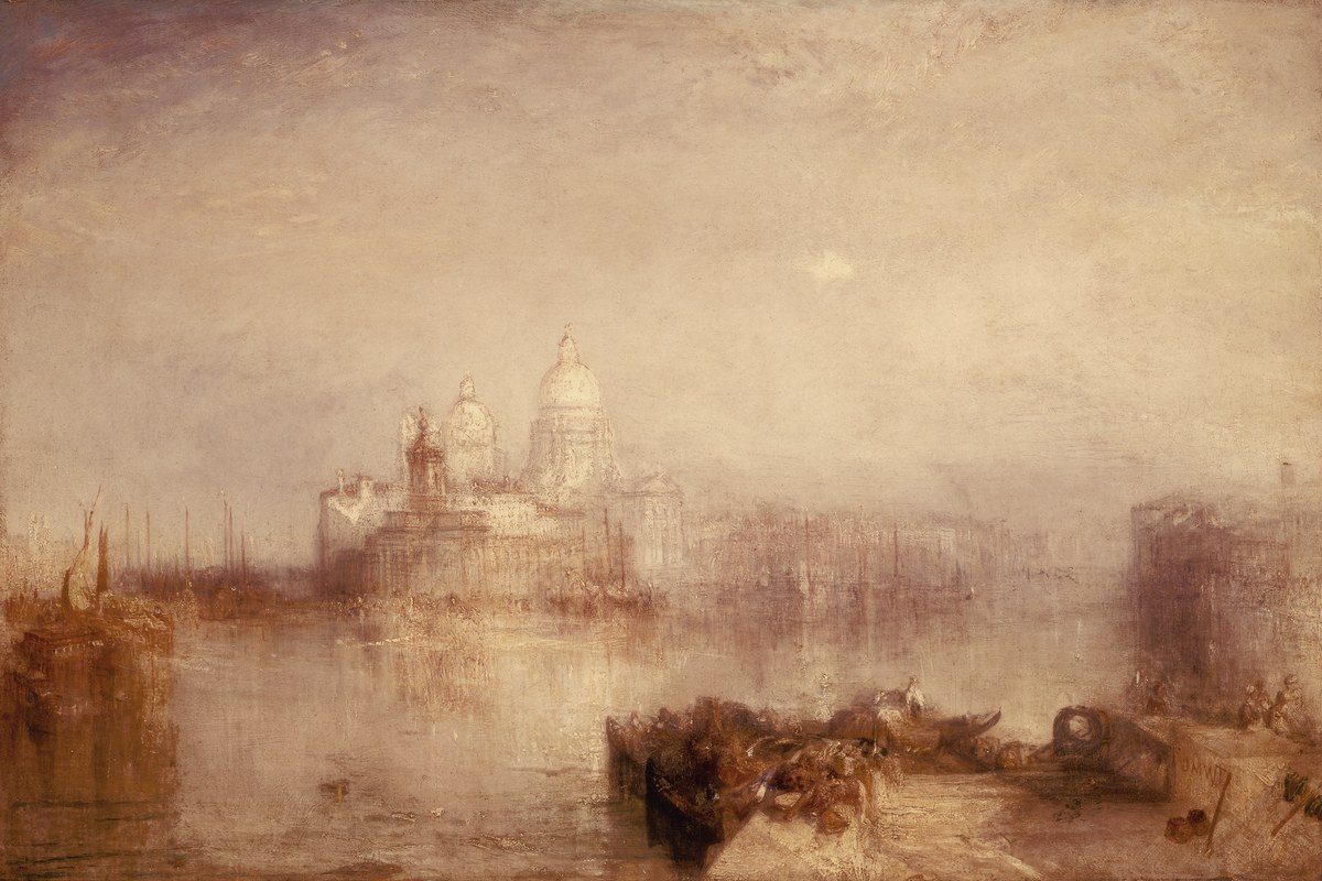 The Dogana and Santa Maria della Salute, Venice by J.M.W. Turner: a hazy, sunlit view across the Venetian lagoon.