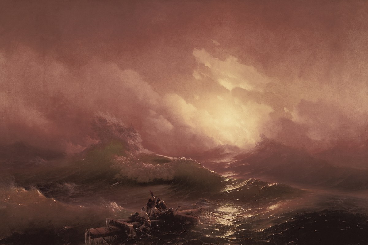 The Ninth Wave by Ivan Aivazovsky: survivors clinging to wreckage on a vast, glowing storm sea.